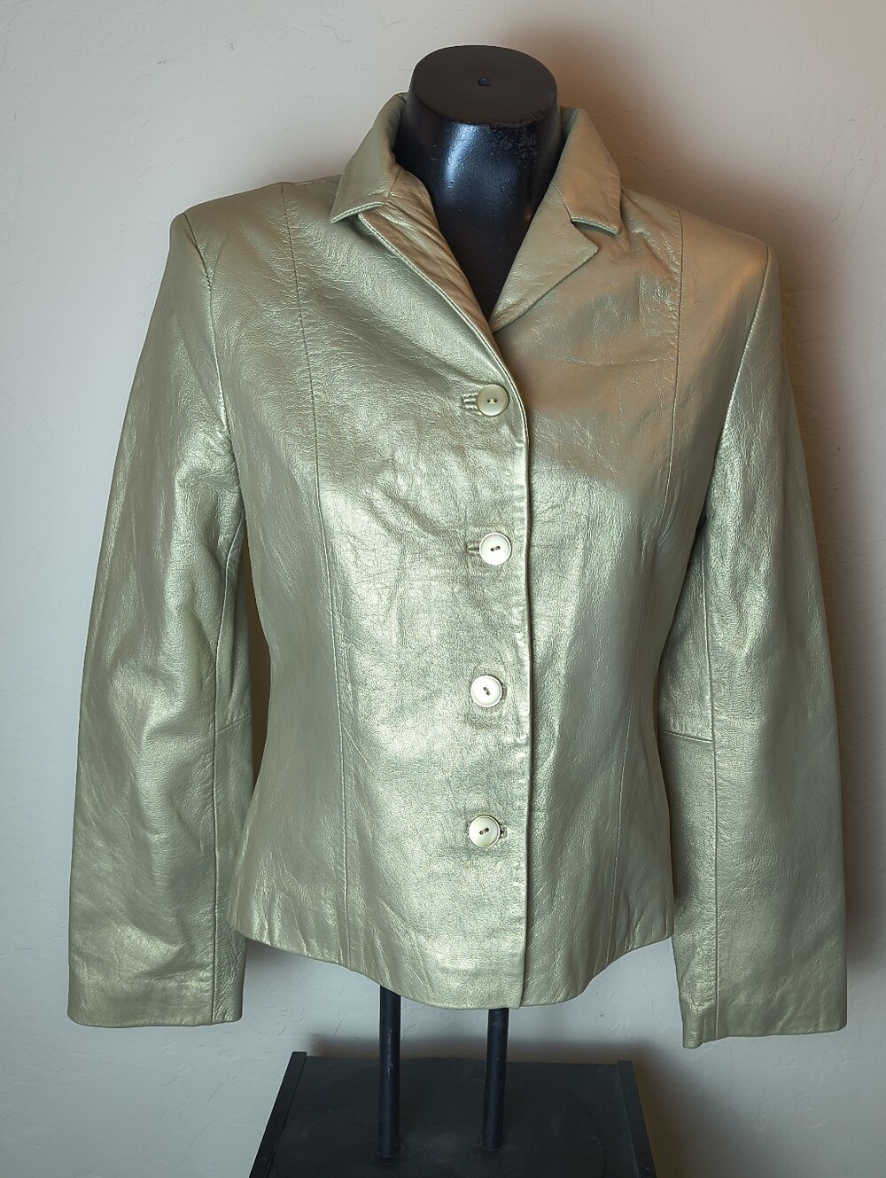Express Gold Metallic Leather Button Up Collared Jacket Coat Blazer Sz. 7/8